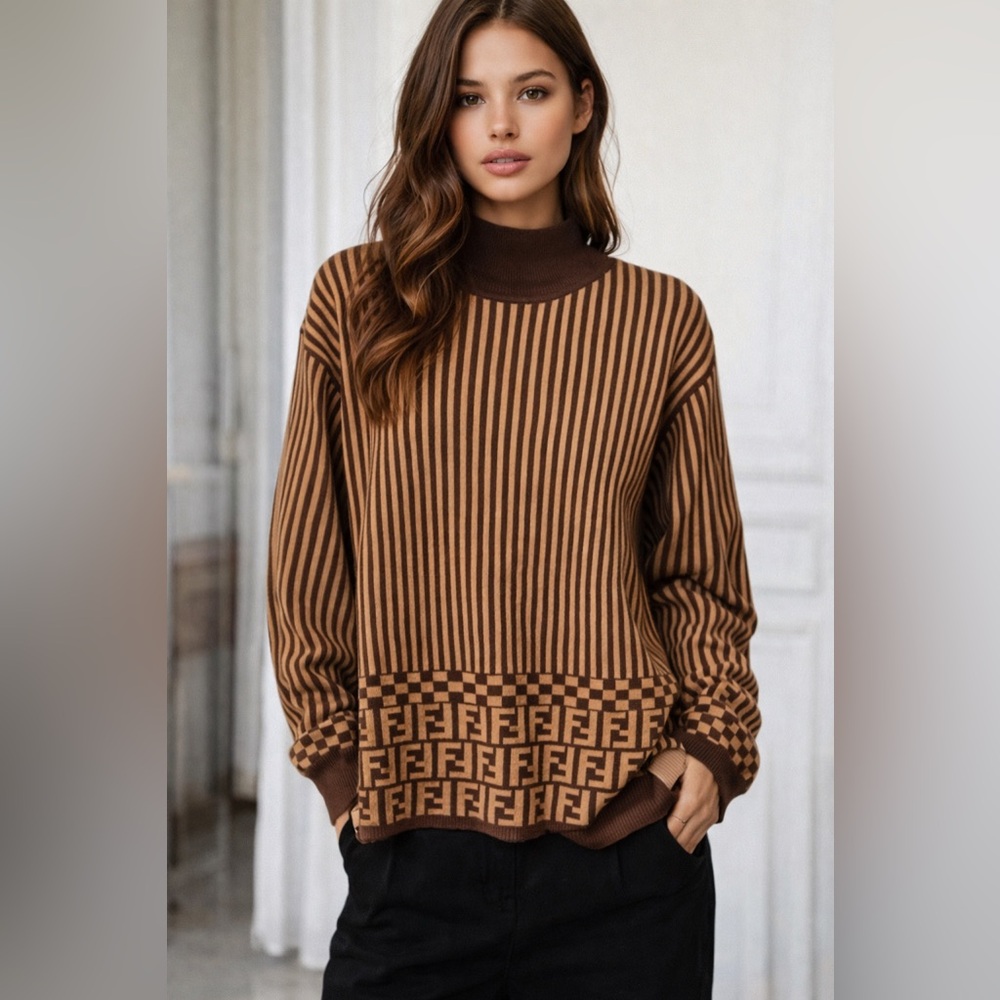Fendi FF Logo Striped Mock Neck Knit Sweater | Brown | Made in Italy